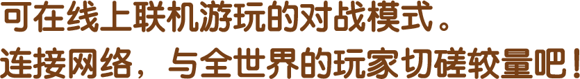 可在线上联机游玩的对战模式。<br>连接网络，与全世界的玩家<br>切磋较量吧！